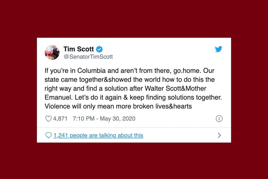 For conversations about the protests, prominent South Carolinians like U.S. Sen. Tim Scott, NBC Today Show anchor Craig Melvin and WIS sportscaster Rick Henry were among the most retweeted commenters. Each expressed pleas for peace, as illustrated in the screenshots of their tweets.