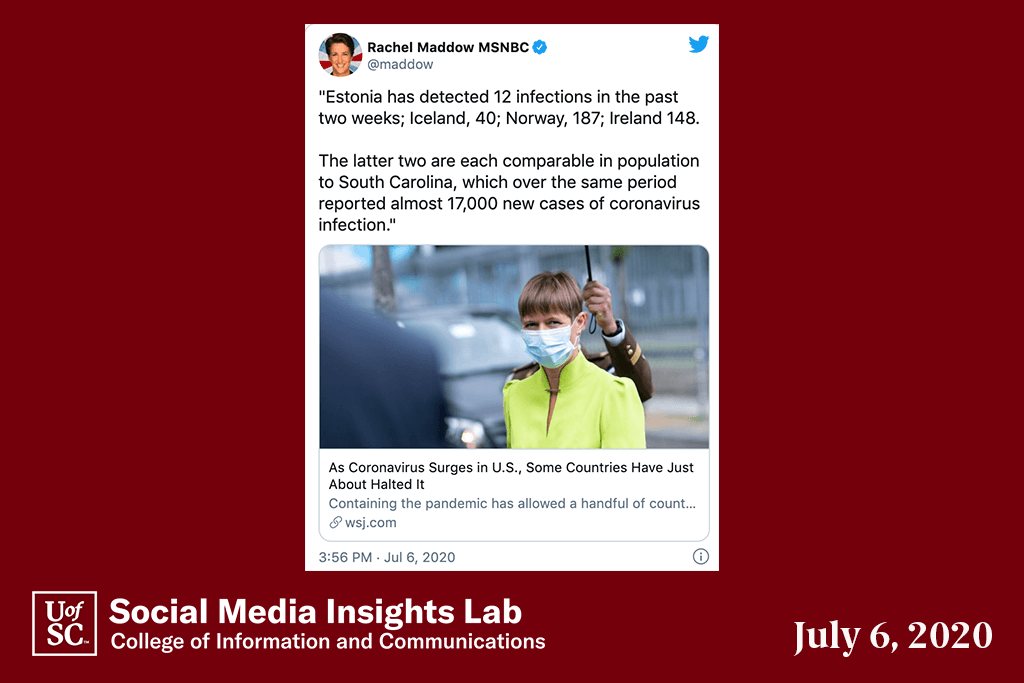 MSNBC anchor Rachel Maddow was a top influencer in the conversations about South Carolina and the coronavirus. 