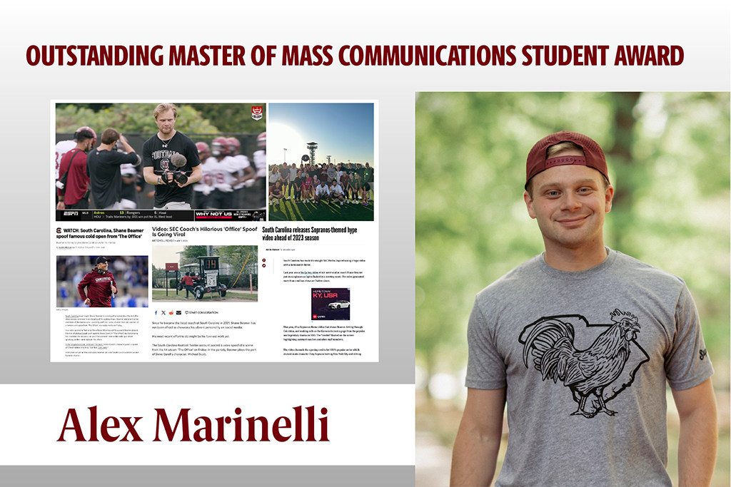 Alex Marinelli received the Outstanding Master of Mass Communications Student Award. He earned his undergraduate visual communications degree from the J-school before completing the Online MMC degree with an emphasis on strategic communications. Marinelli is responsible for many of the football videos produced at the university.