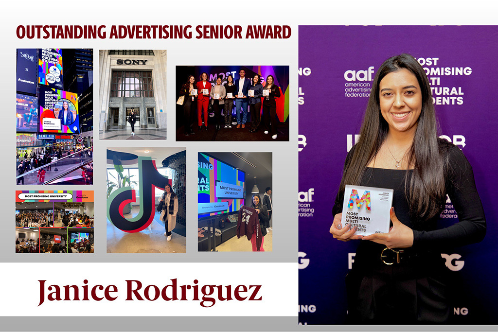 Janice Rodriguez received the Outstanding Advertising Senior Award. Her standout achievements include conquering the AAF's Multicultural Program in New York City, spearheading a significant Google Search marketing campaign, and honing her creative skills all while serving in the Army National Guard.