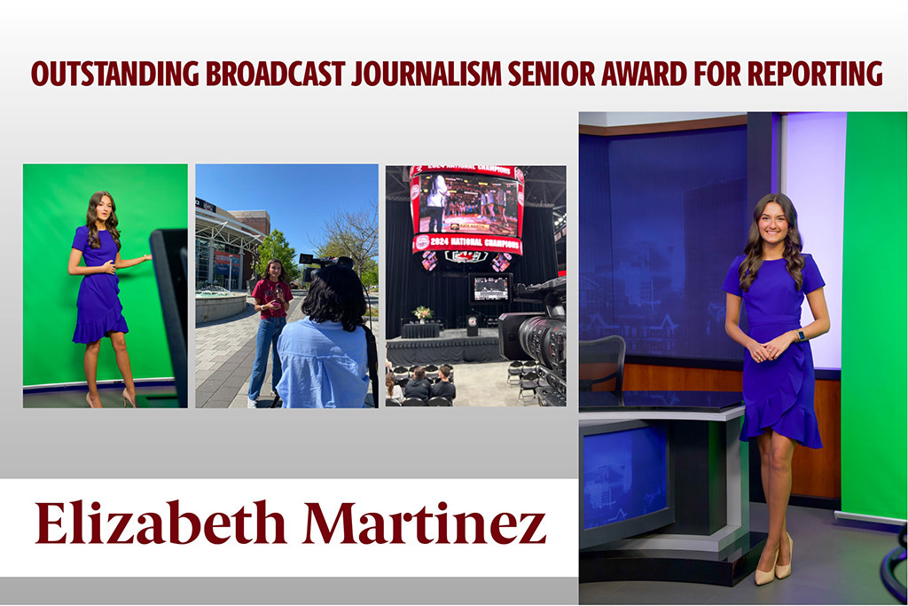 Elizabeth Martinez was named the Outstanding Broadcast Journalism Senior for Reporting. This award recognizes a senior with superior on-air reporting skills. Elizabeth started the semester covering Nikki Haley's presidential bid and she wrapped up the semester with a live shot from Colonial Life Arena covering the women's basketball team. 