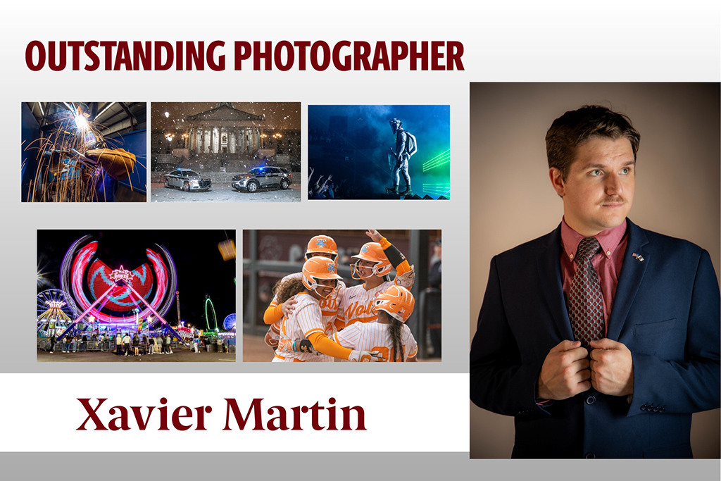 Xavier Martin was named the visual communications Outstanding Photographer. Faculty said he was an "absolute standout," as he came into the program with a strong portfolio developed while in the military. His solid skills and maturity made him a quick learner and a willing mentor and coach for other students. 