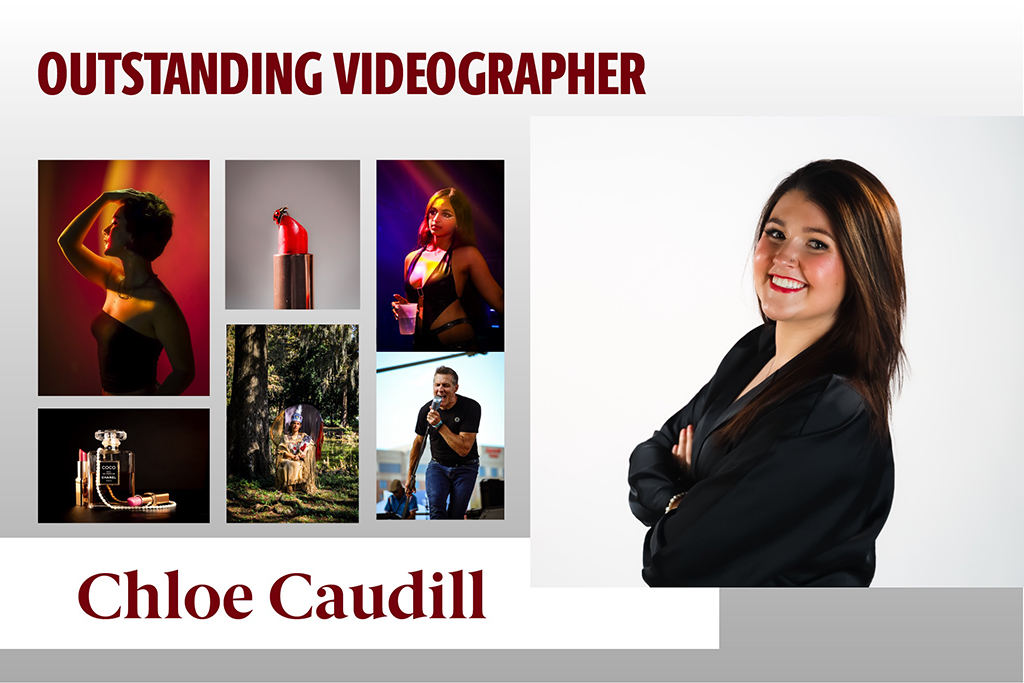 Chloe Caudill was named the visual communications Outstanding Videographer. Faculty say she distinguished herself with a can -do attitude and work ethic. She always worked projects until they were absolute perfection - always going above and beyond to present a polished project. She is a true triple threat - her work ethic combined with a pursuit of excellence combined with her natural talent.