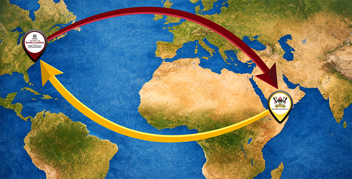 map showing a line from USC to Uganda