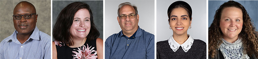 headshots of Dick Kawooya, Clayton Copeland, Eric Robinson, Samaneh Borji (iSchool Ph.D. student), and Courtney Swartzendruber (iSchool MLIS alum) 