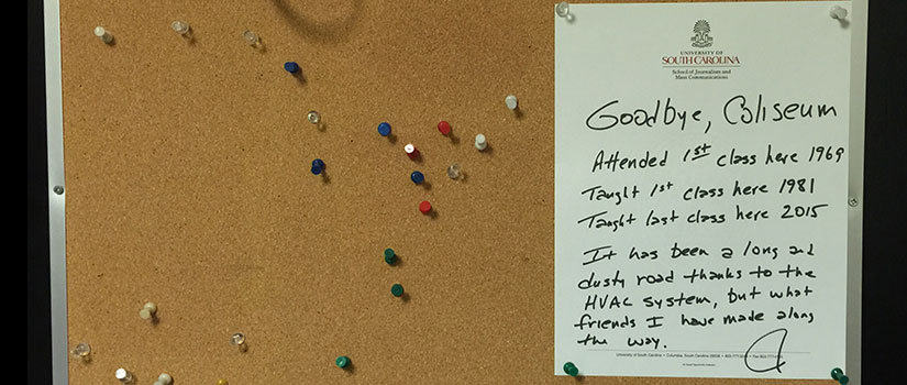 Prof. Jay Bender left a final message on his office door in the Coliseum.