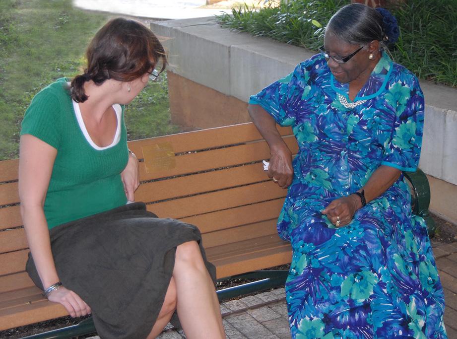 Columbia’s beloved teacher, Mrs. Phelps Adams,  with program director Nicole Schnibben at the unveiling of the Museum’s commemorative bench, with the inscription  “in honor of Fannie Phelps Adams and the courageous teachers of Booker T. Washington High School who fought for civil rights so that all individuals could sit on this bench.”