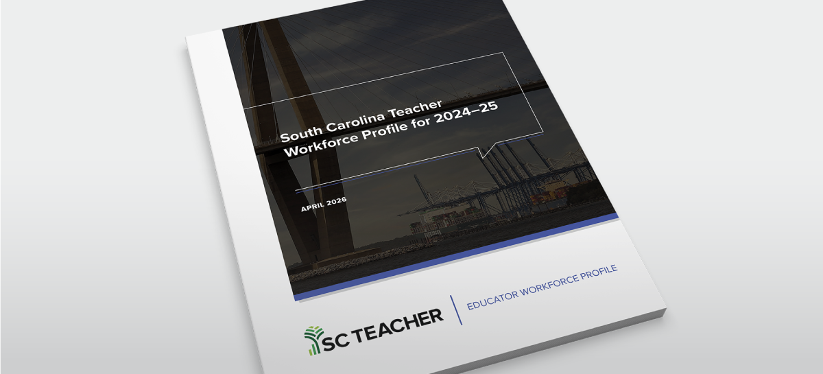 A physical copy of the South Carolina Teacher Workforce report against a grey background