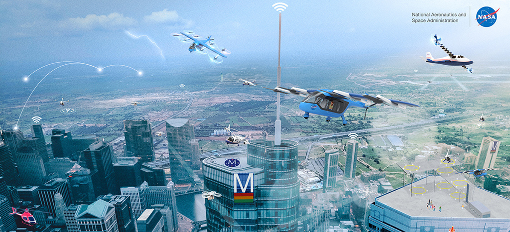 Advanced Air Mobility graphic showing unmanned air vehicles in flight over rural and city areas.