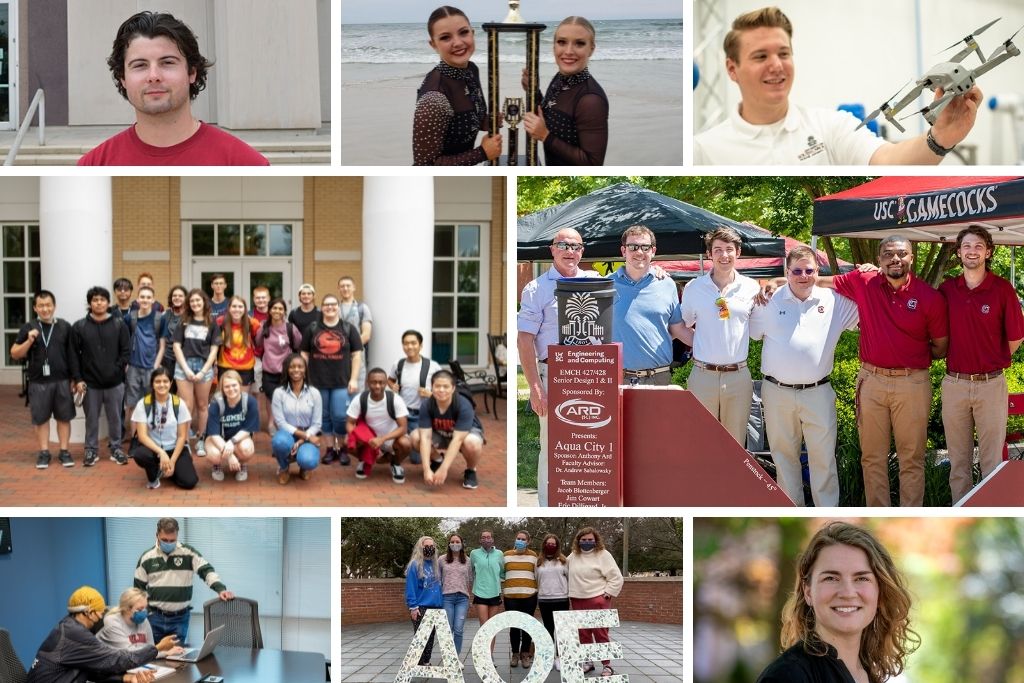 Collage of pictures: Nick Wood, 2 Dance team members holding a trophy on the beach, student holding drone, first generation students standing together smiling, 6 men standing next to capstone project, faculty helping two students at a desk working on a computer, six women standing behind A O E letters, Sydney Womack an outstanding senior
