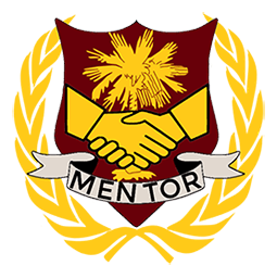 badge featuring a sheild and hands shaking and word "Mentor" on a ribbon