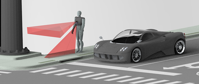 rendering of human wearing pathfinder device on sidewalk next to car