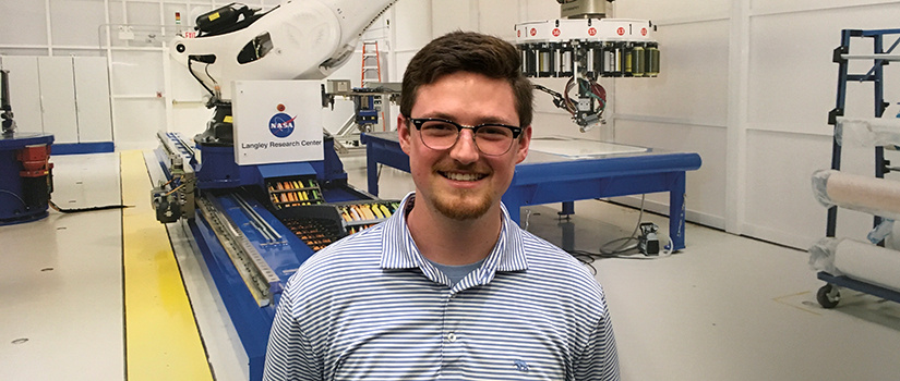 Jackson Swiney stands in the Langley Research Center.