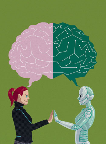 illustration of a woman and a robot under a human brain
