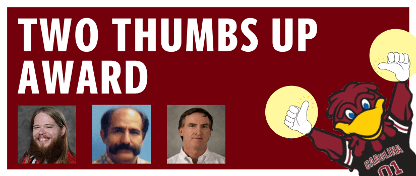 Text on a garnet background reads two thumbs up award with three headshots of faculty and a cartoon cocky holdin up two thumbs
