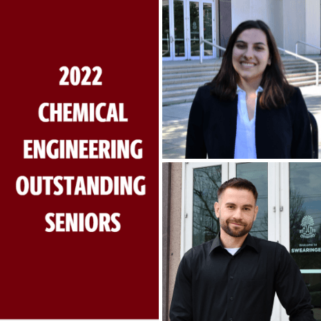 Chemical engineering students and text that says 2022 chemical engineering outstanding seniors