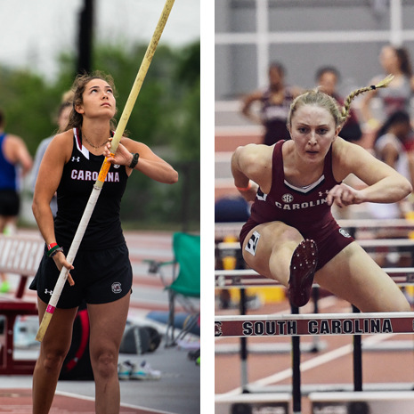 Action shots of Hughes with highjump pole and and Perry jumping over a hurdle athletes