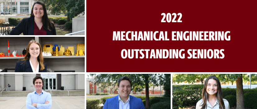Images of the 5 outstanding senior, text that says 2022 Mechanical Engineering Outstanding Seniors
