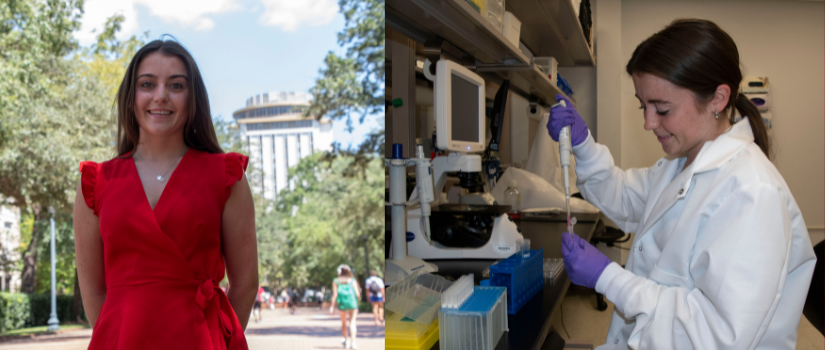 Jessica Schmidt standing afar from the Capstone building and in a biomedical engineering lab.