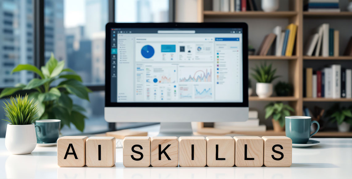 Wooden blocks spelling “AI SKILLS” in front of a computer displaying data analytics.