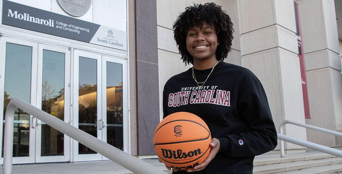 Freshman women's basketball student-athlete and mechanical engineering major Ayla McDowell