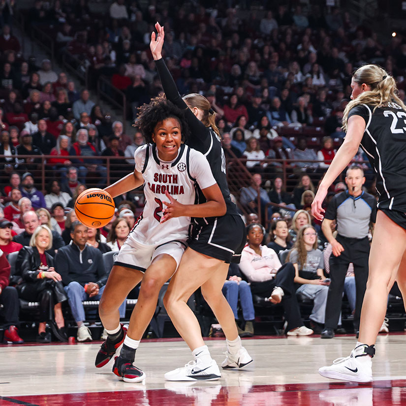 Ayla McDowell on the basketball court during a December 2025 game against Providence College. 