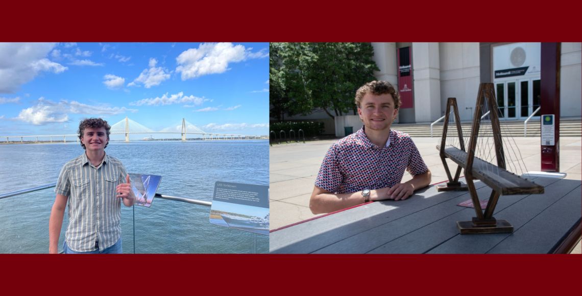 Pictured left is Brady Hurd with the Ravenel Bridge in the background. Pictured right is Brady Hurd with his model of the Ravenel Bridge.