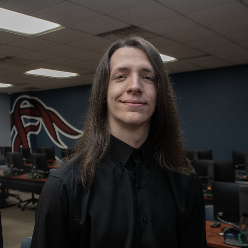 Brandon Wells in a computer lab in the Swearingen Engineering Center. 
