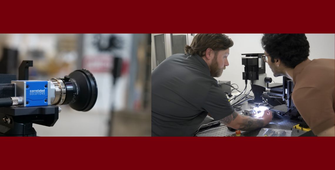 Pictured left is a digital camera used by Correlated Solutions. Pictured right is a Correlated Solutions employee training a Molinaroli College of Engineering and Computing student.