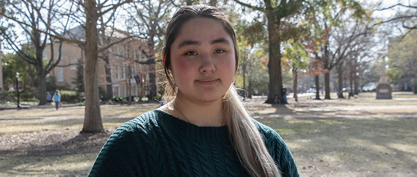 Biomedical engineering student Grace Ware on the USC Horseshoe.