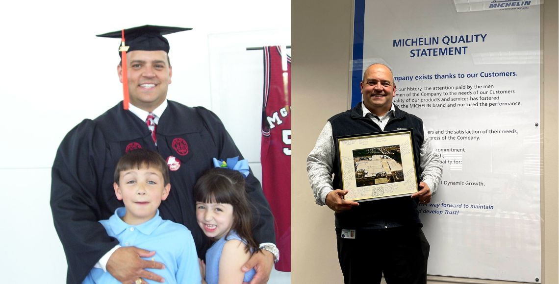 Greg Beckwith with his children and Beckwith holding a certificate from Michelin.