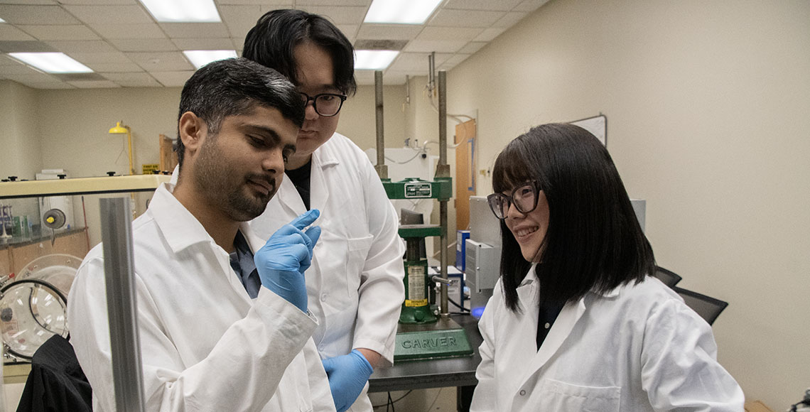 Chemical Engineering Assistant Professor Hui Yang on the left with two of her graduate students. 