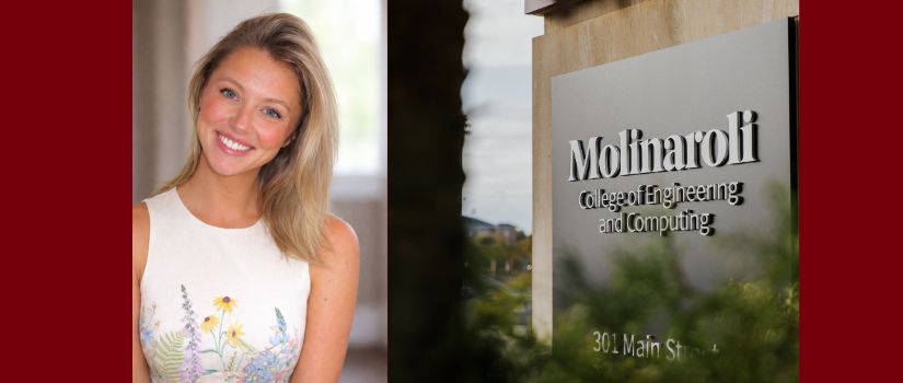 Lena Wallace and a sign for the Molinaroli College of Engineering and Computing.