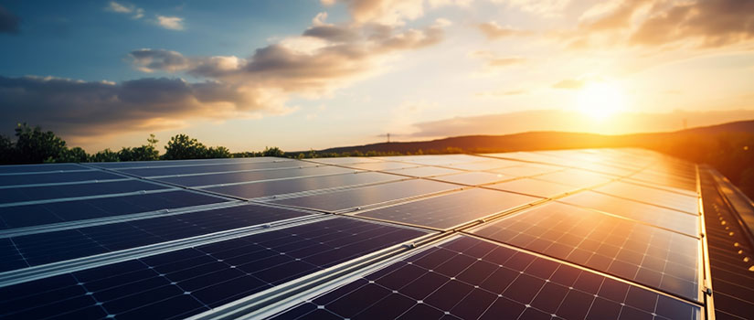 solar panels with a sunset in the background. 
