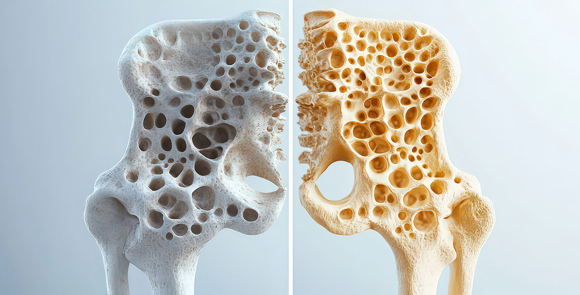 Side-by-side comparison of a healthy bone (left) and a bone with osteoporosis (right).