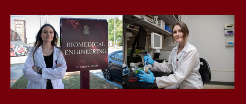 Sarah Deloach standing next to a biomedical engineering sign and working in a lab.