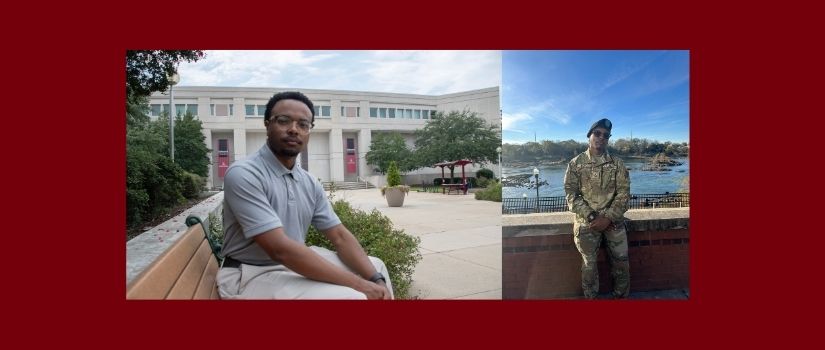 Tyrek Long sitting with the entrance to the Swearingen Engineering Center in the background (left) and Long in his Army fatigues (right).