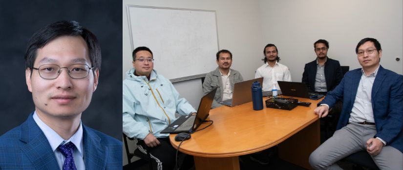 Assistant Professor Xin Fang headshot and with his graduate students