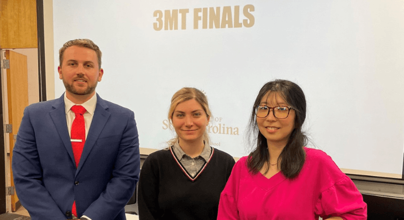 The Fall 2022 3MT competition was won by B. Celia Cui from pharmaceutical sciences. The 1st runner-up was Gelareh Rezvan from chemical engineering and the 2nd runner-up was Taylor Larison from chemistry.
 
📷 In photo (left to right): Taylor Larison, Gelareh Rezvan, B. Celia Cui.