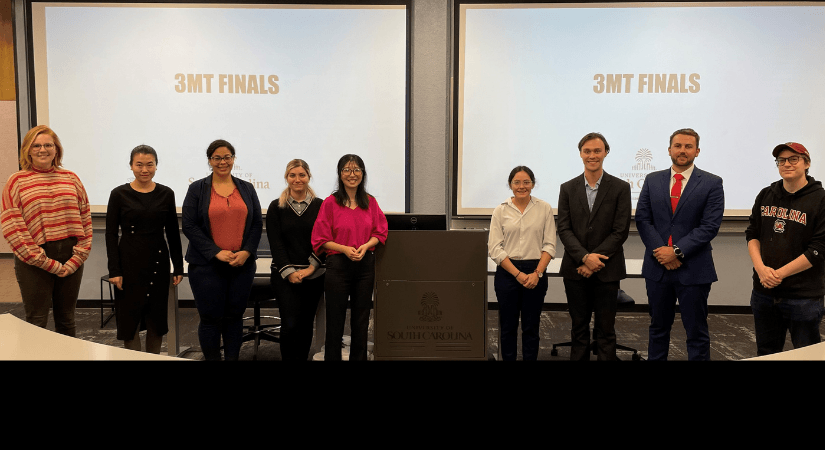 Fall 2022 3MT finalists (from left to right): Kira Telford (Earth and Environmental Resources Management), Fanli Yi (Epidemiology), Tricia Simon (Biological Sciences), Gelarah Rezvan (Chemical Engineering), B. Celia Cui (Pharmaceutical Sciences), Alexandria Forster (Chemistry), Colton Kostelnik (Biomedical Engineering), Taylor Larison (Chemistry), and David Walls (Art History).  