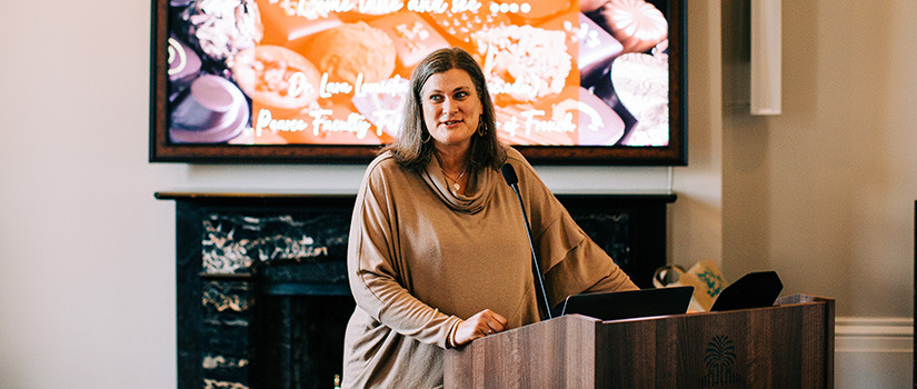 Lara Lomicka teaching in front of Chocolate 101 class in the SCHC.