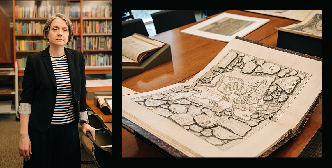 Jeanne Britton standing in front of a wall of books.