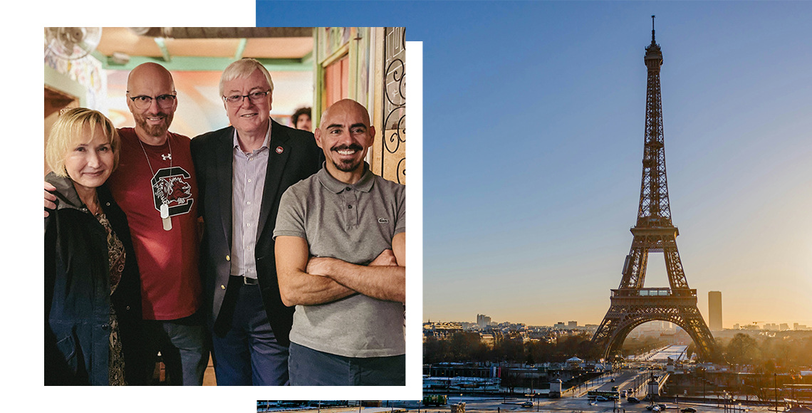 Photo collage of three men and a woman and a photo of the Eiffel Tower in Paris, France.