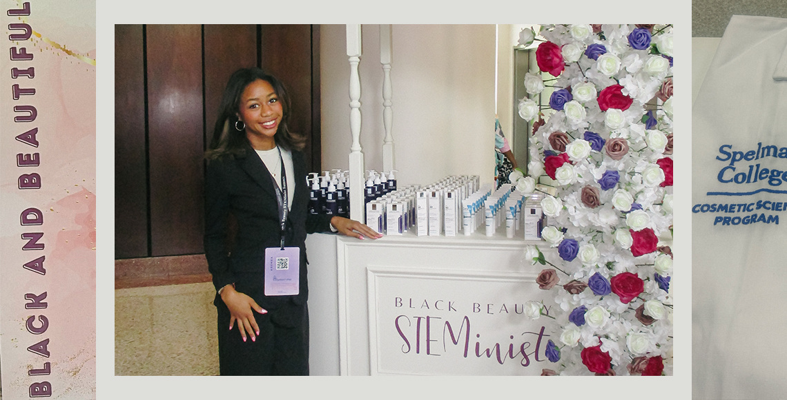 Photo collage of Kylie Mudie standing next to a cart of skincare products. The top of the cart reads, "L'Oreal Paris," and below the tray of skincare products reads, "Black Beauty STEMinist."