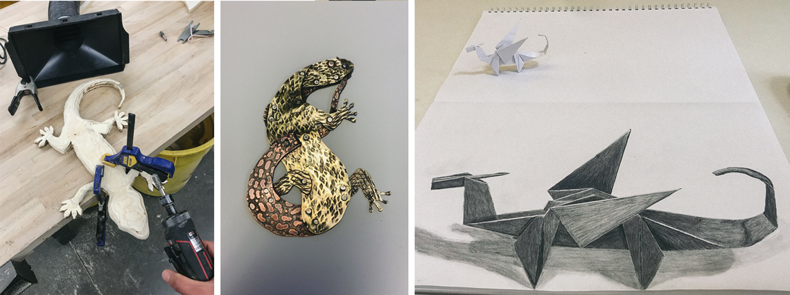 Collage of Christopher Carter's student artwork, including a photo of an in-progress 3-D sculpture, an ornate gold dragon and a photo-realistic drawing of an origami dragon.