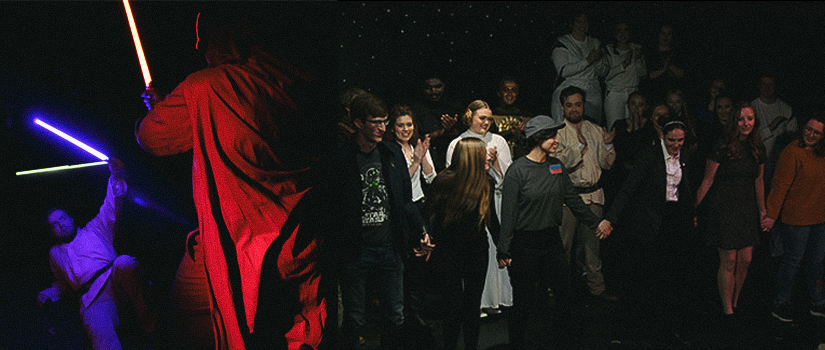 Collage of actors with lightsabers and the cast and crew onstage for curtain call.