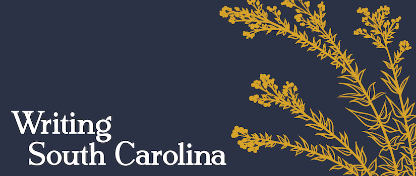 Writing South Carolina text in white against an indigo background with a goldenrod image included