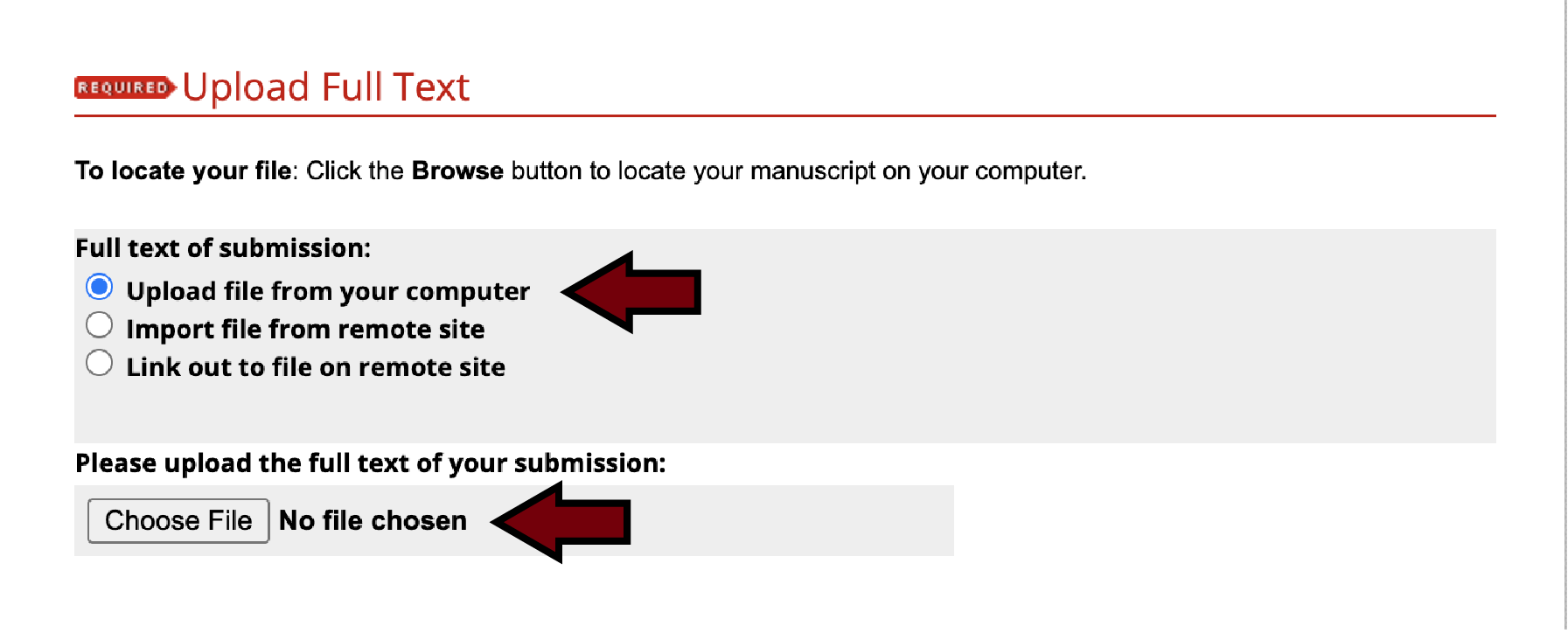 Towards the bottom of the page, under the “Upload Full Text” header, select “Upload file from your computer.” Upload your thesis from your files.