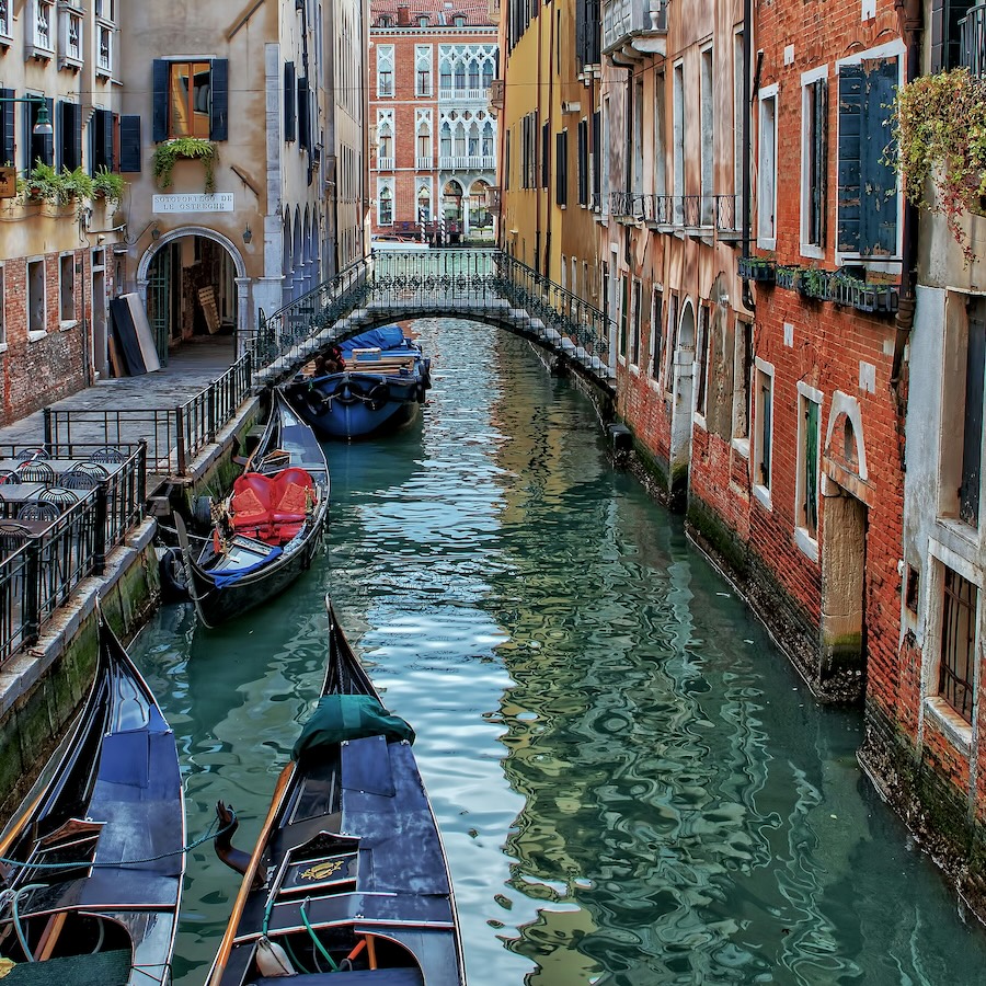 Venice canal lined with gondolas