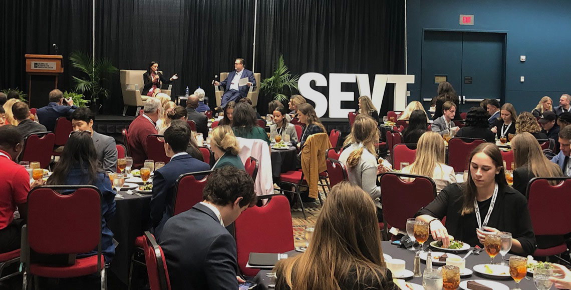 Nicole Tepper, co-owner of the Carolina Panthers and Charlotte FC, gives a keynote address during the SEVT 2021 Luncheon.